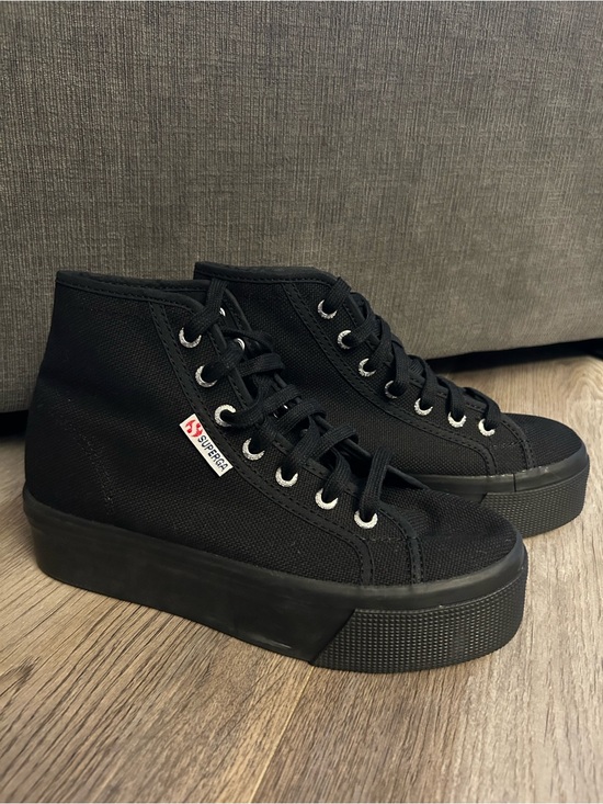 Superga Shoes - Superga High-Top Black Canvas Platform Sneakers with Black Soles, Women Size 7.5